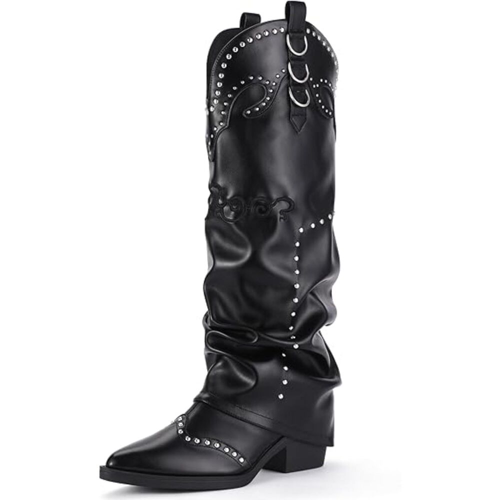 Women's Black Pointed Toe Slouchy Low Block Chunky Heel Zipper Knee High Boots